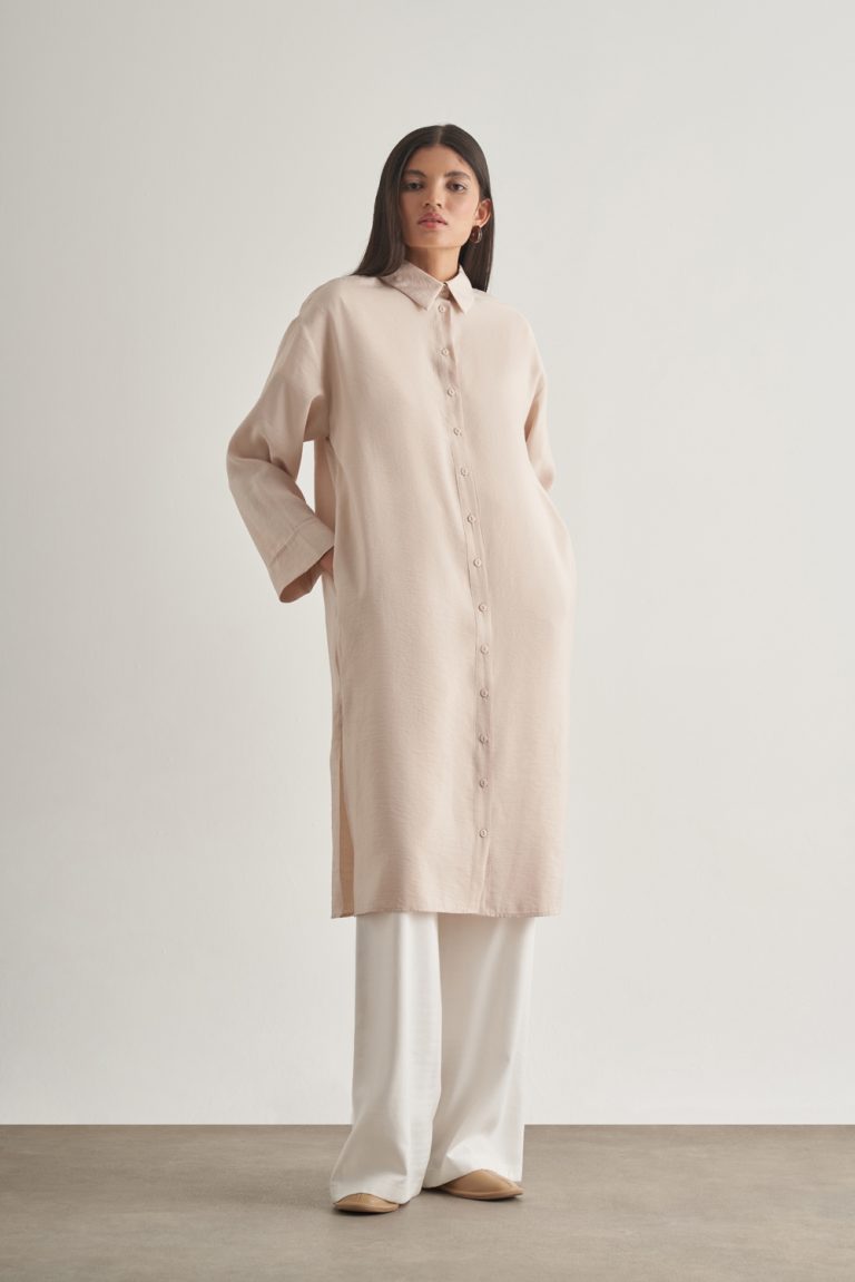 Mizalle Modal Karışımlı Bej Rengi Uzun Tunik - Mizalle