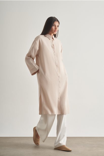 Mizalle Modal Karışımlı Bej Rengi Uzun Tunik - Mizalle