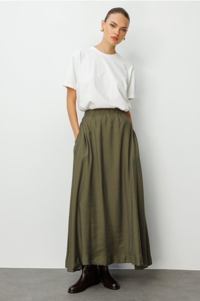 Mizalle Modal Karışımlı Haki Beli Lastikli Maksi Etek - Mizalle