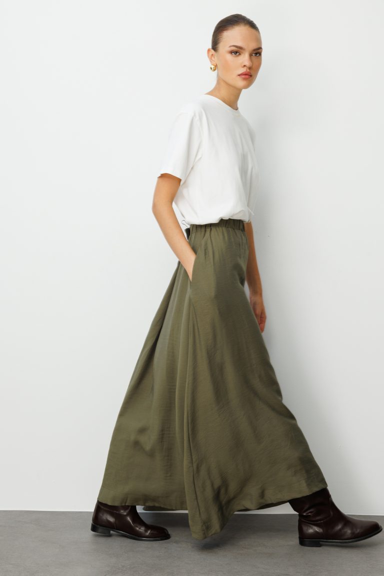 Mizalle Modal Karışımlı Haki Beli Lastikli Maksi Etek - Mizalle