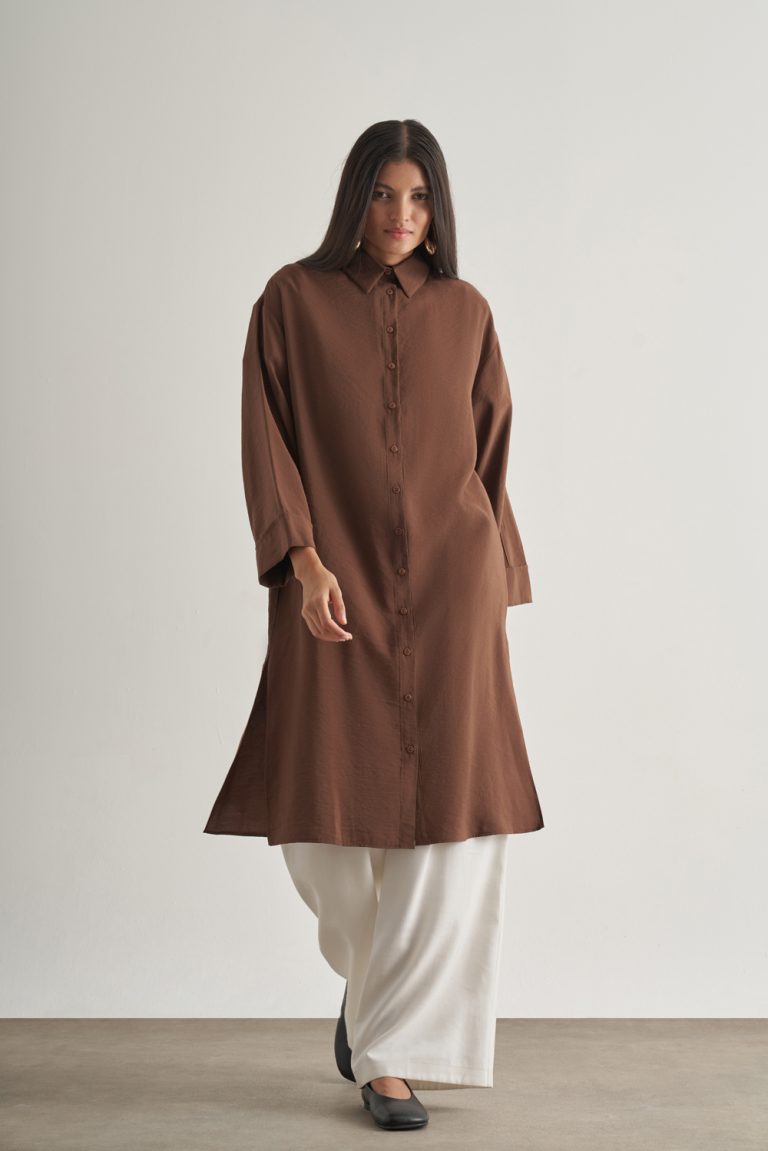 Mizalle Modal Karışımlı Kahverengi Uzun Tunik - Mizalle