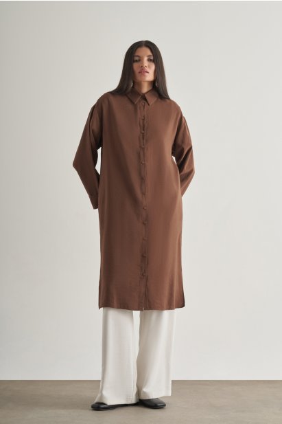 Mizalle Modal Karışımlı Kahverengi Uzun Tunik - Mizalle