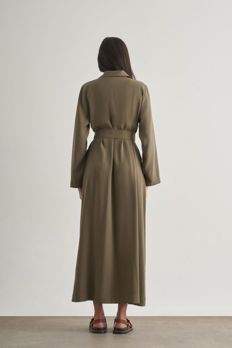 Mizalle Modal Karışımlı Kuşaklı Haki Uzun Gömlek Elbise - Mizalle