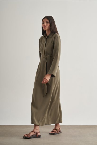 Mizalle Modal Karışımlı Kuşaklı Haki Uzun Gömlek Elbise - Mizalle
