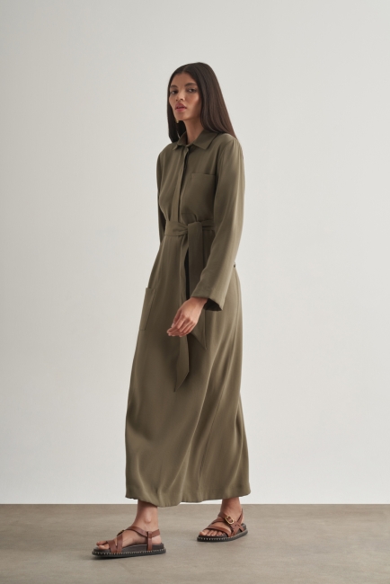 Mizalle - Mizalle Modal Karışımlı Kuşaklı Haki Uzun Gömlek Elbise