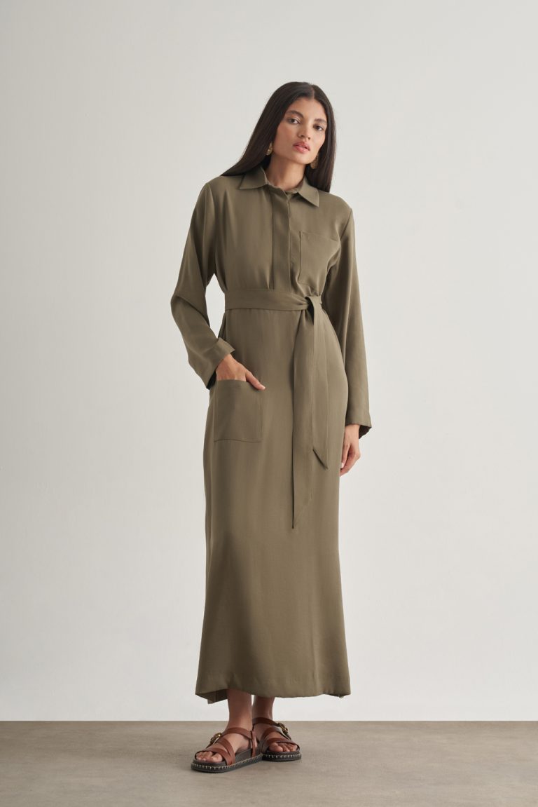 Mizalle Modal Karışımlı Kuşaklı Haki Uzun Gömlek Elbise - Mizalle