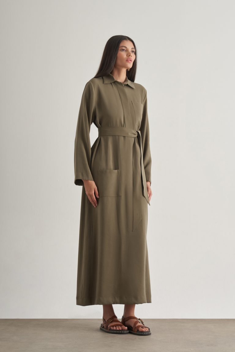 Mizalle Modal Karışımlı Kuşaklı Haki Uzun Gömlek Elbise - Mizalle