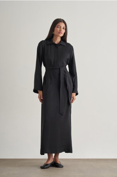 Mizalle Modal Karışımlı Kuşaklı Siyah Uzun Gömlek Elbise - Mizalle