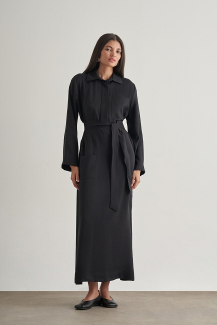 Mizalle - Mizalle Modal Karışımlı Kuşaklı Siyah Uzun Gömlek Elbise
