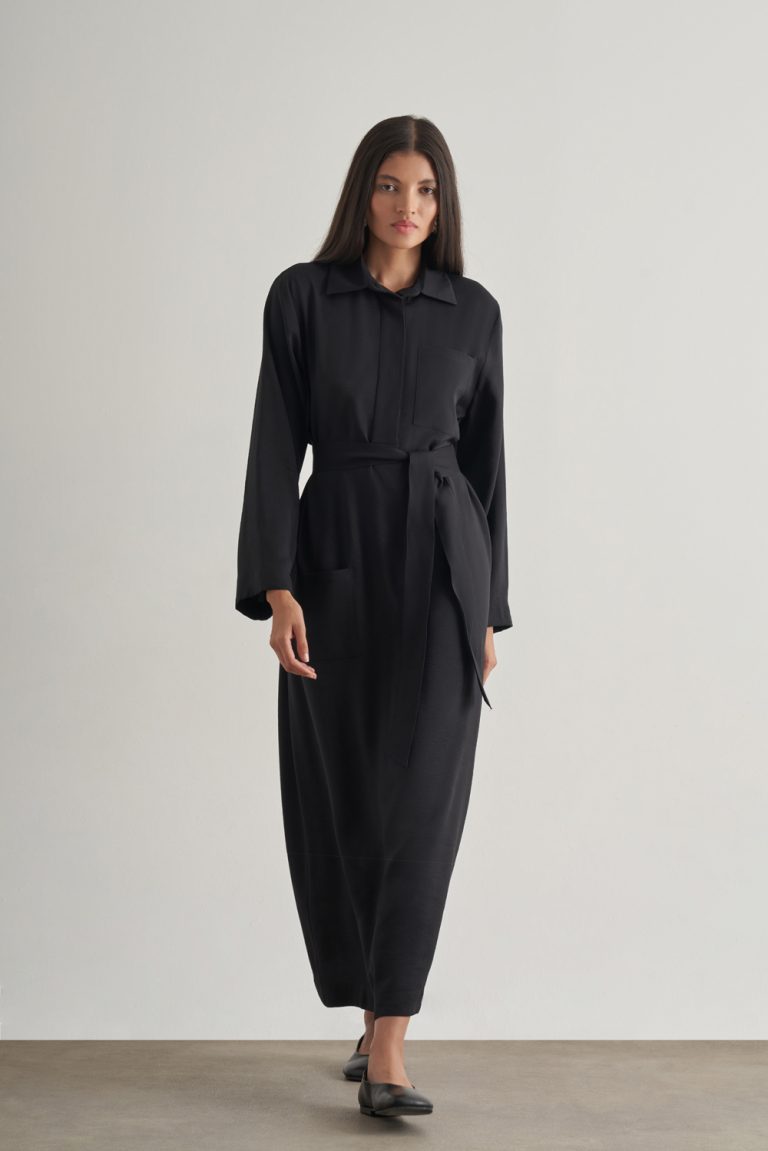 Mizalle Modal Karışımlı Kuşaklı Siyah Uzun Gömlek Elbise - Mizalle