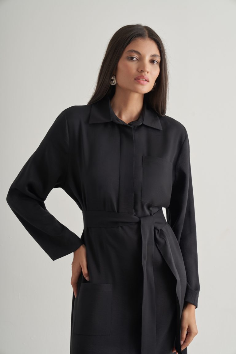 Mizalle Modal Karışımlı Kuşaklı Siyah Uzun Gömlek Elbise - Mizalle