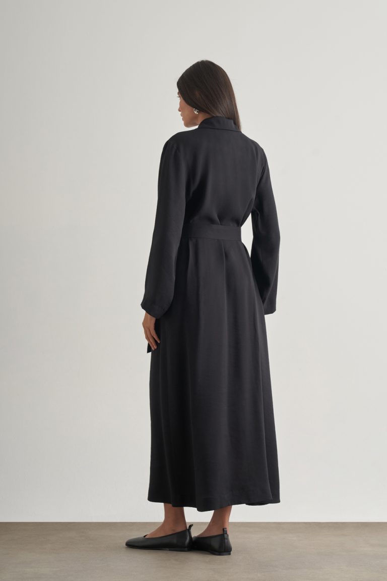 Mizalle Modal Karışımlı Kuşaklı Siyah Uzun Gömlek Elbise - Mizalle