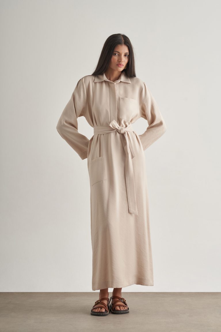 Mizalle Modal Karışımlı Kuşaklı Taş Rengi Uzun Gömlek Elbise - Mizalle