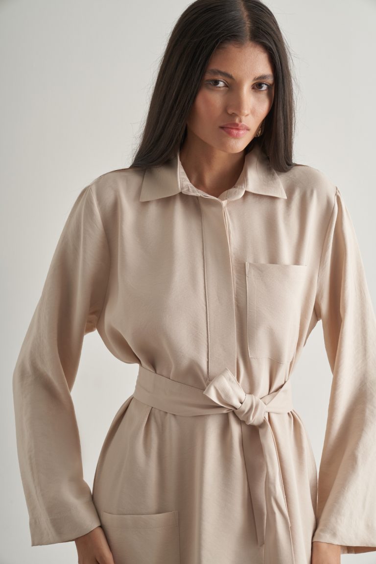 Mizalle Modal Karışımlı Kuşaklı Taş Rengi Uzun Gömlek Elbise - Mizalle