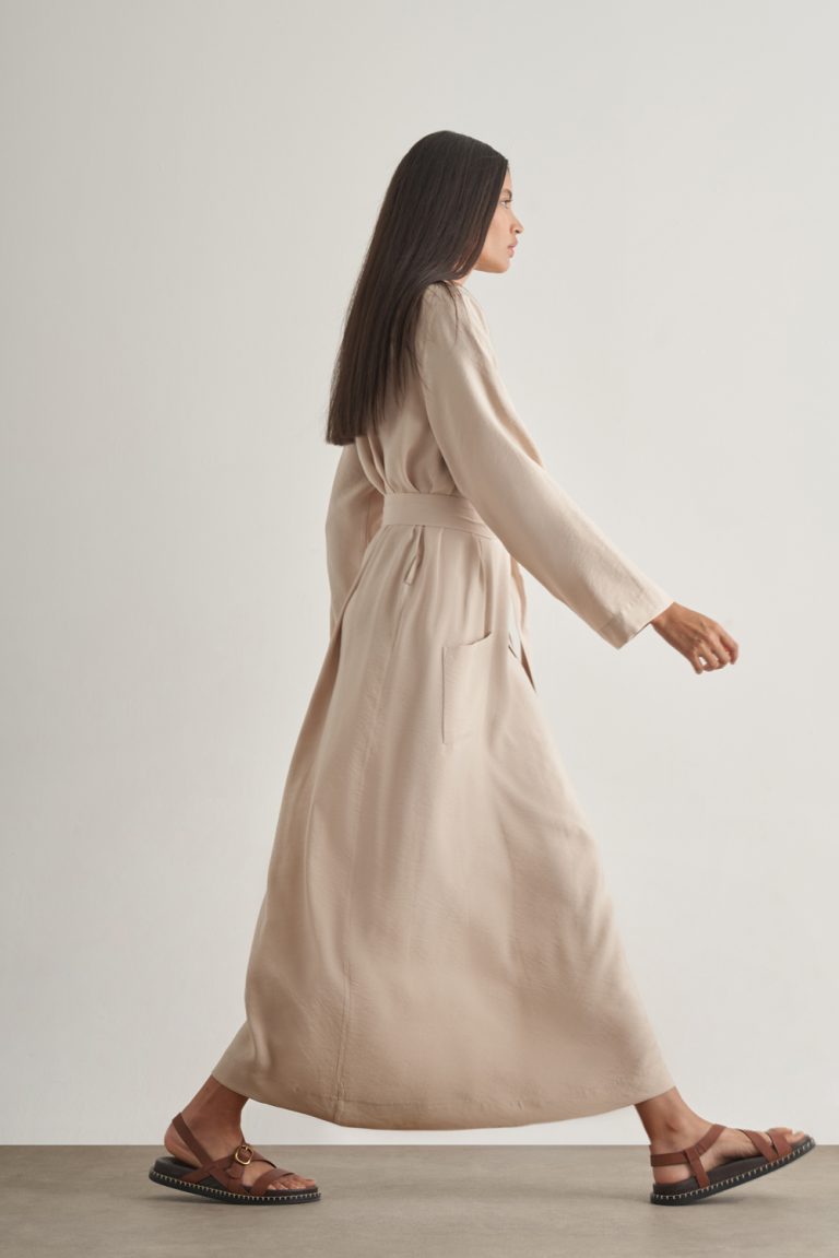 Mizalle Modal Karışımlı Kuşaklı Taş Rengi Uzun Gömlek Elbise - Mizalle