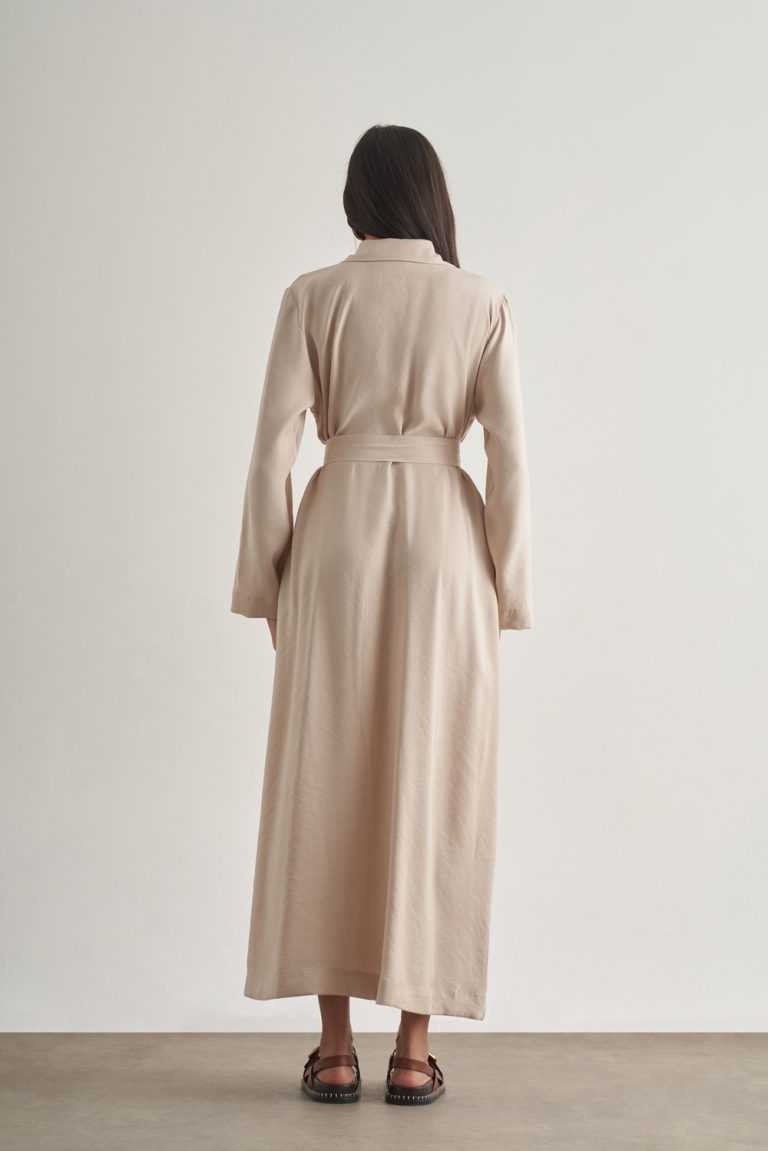 Mizalle Modal Karışımlı Kuşaklı Taş Rengi Uzun Gömlek Elbise - Mizalle
