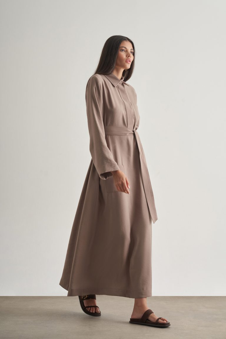Mizalle Modal Karışımlı Kuşaklı Vizon Rengi Uzun Gömlek Elbi - Mizalle
