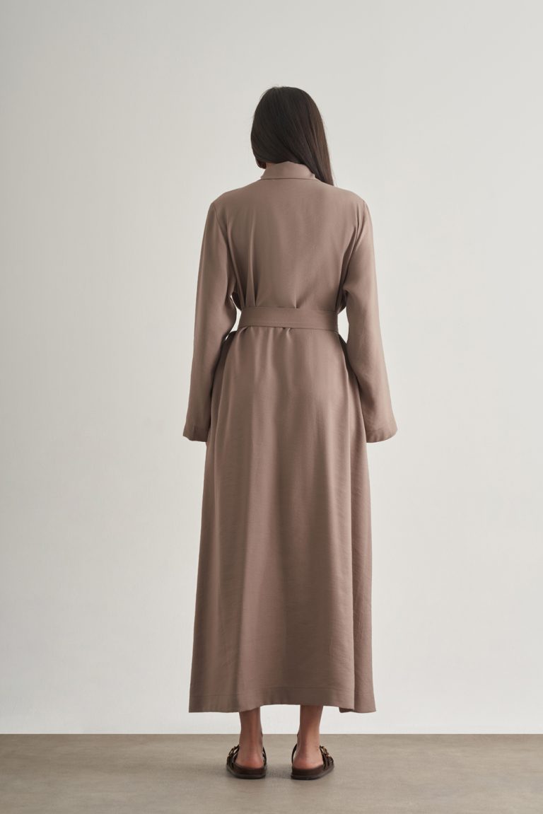 Mizalle Modal Karışımlı Kuşaklı Vizon Rengi Uzun Gömlek Elbi - Mizalle