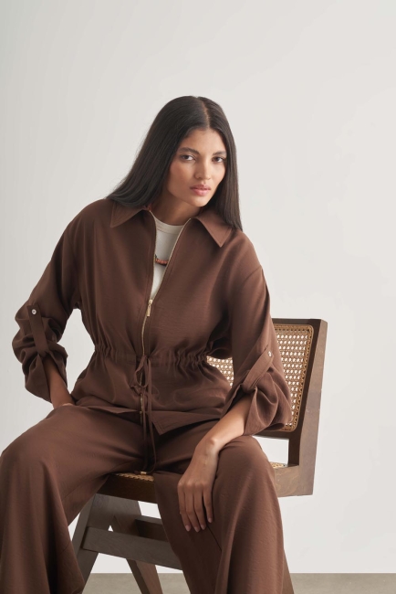 Mizalle - Mizalle Modal Karışımlı Rahat Kesim Beli Lastikli Kahverengi Pantolon