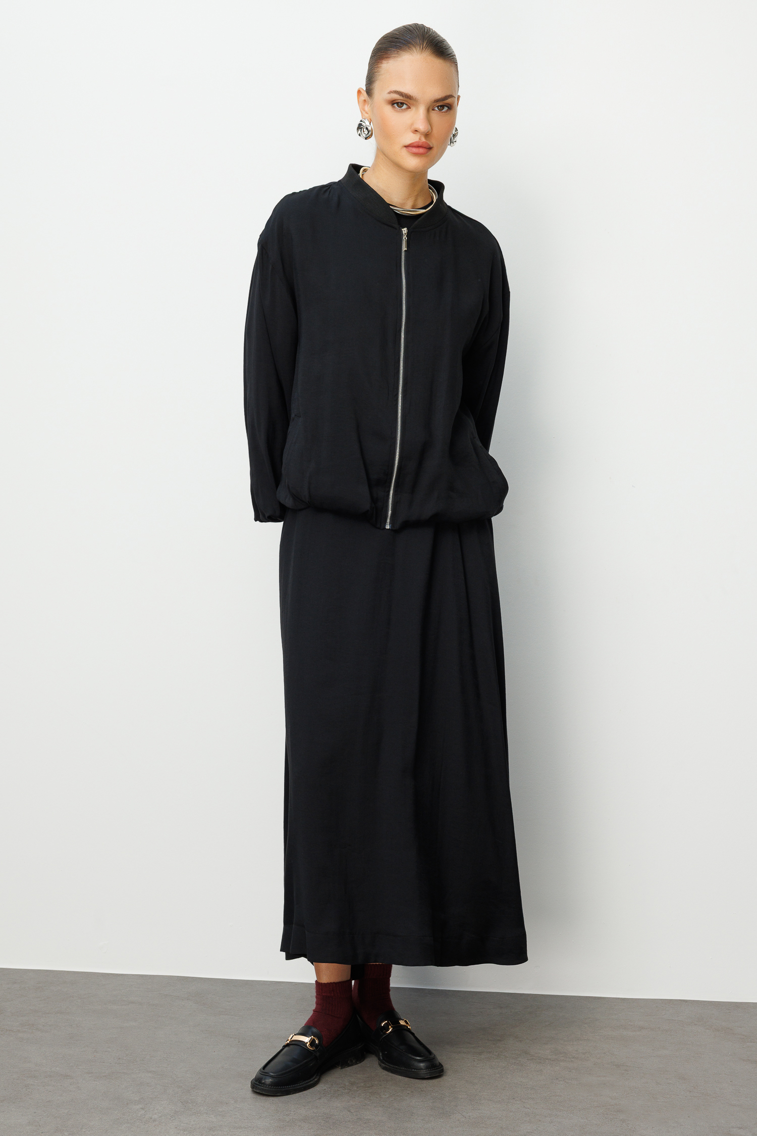 Mizalle Modal Karışımlı Siyah Oversize Bomber Ceket Mizalle Modal Karışımlı Siyah Oversize Bomber Ceket