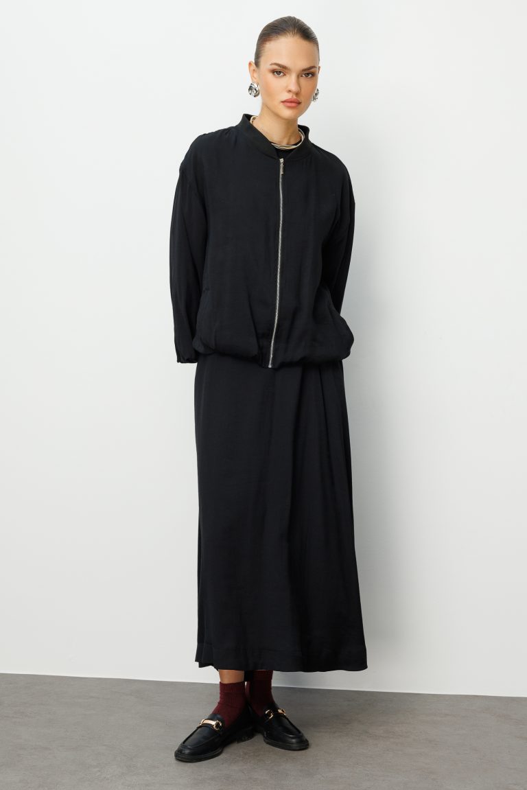 Mizalle Modal Karışımlı Siyah Oversize Bomber Ceket - Mizalle