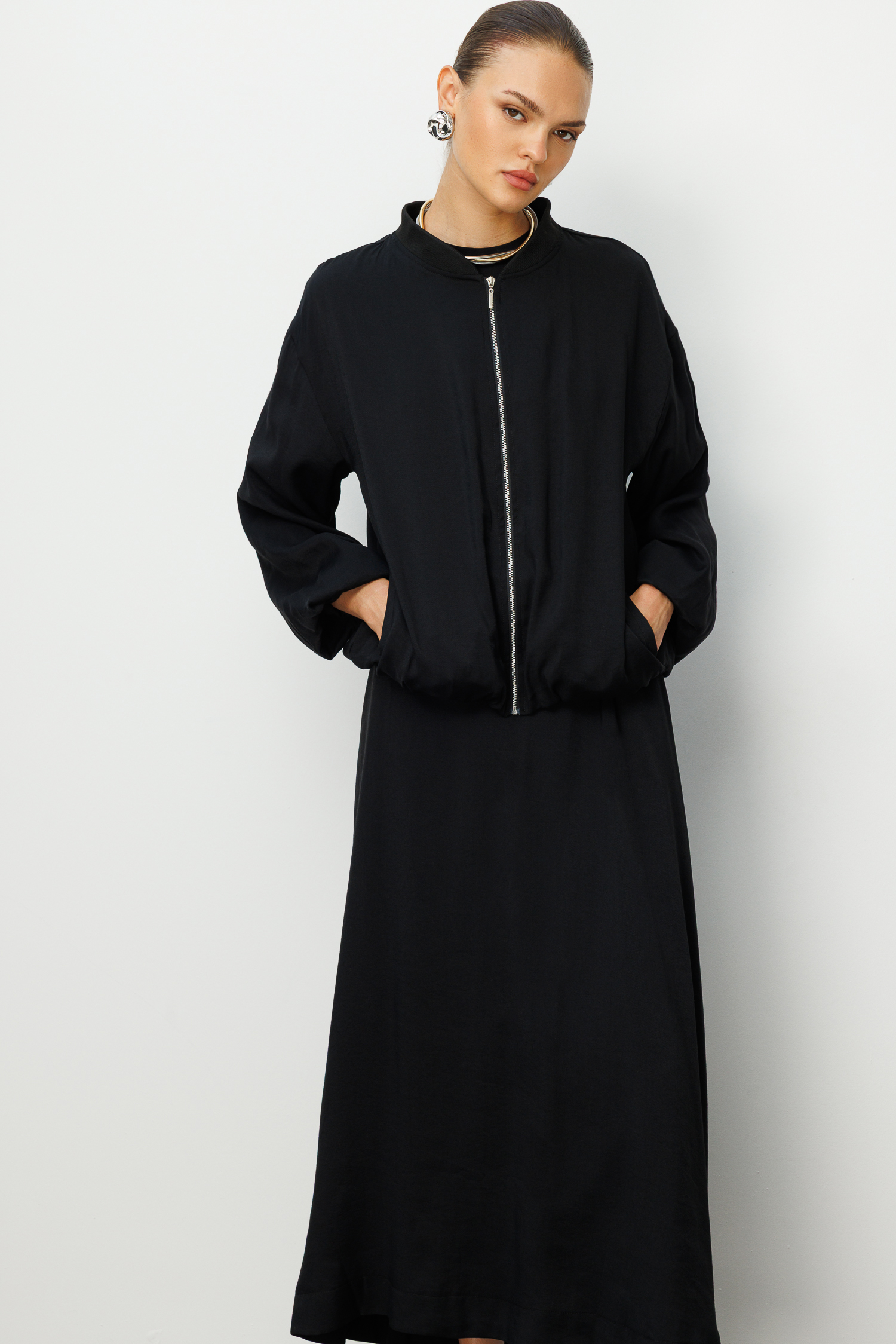 Mizalle Modal Karışımlı Siyah Oversize Bomber Ceket Mizalle Modal Karışımlı Siyah Oversize Bomber Ceket