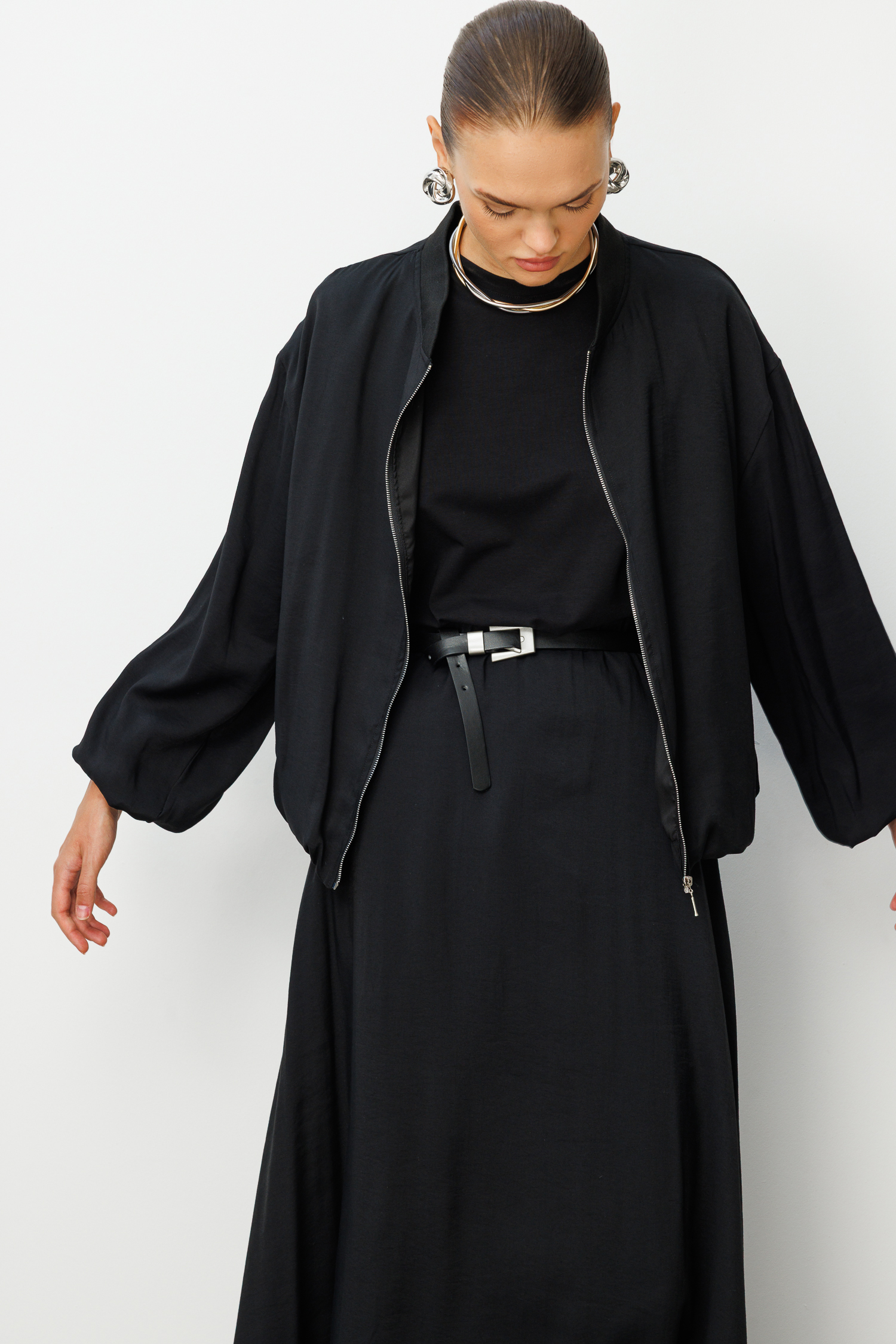Mizalle Modal Karışımlı Siyah Oversize Bomber Ceket Mizalle Modal Karışımlı Siyah Oversize Bomber Ceket