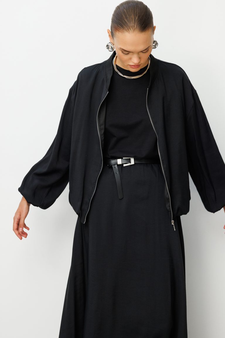 Mizalle Modal Karışımlı Siyah Oversize Bomber Ceket - Mizalle