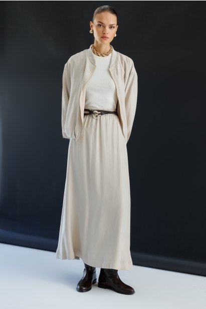 Mizalle Modal Karışımlı Taş Rengi Beli Lastikli Maksi Etek - Mizalle