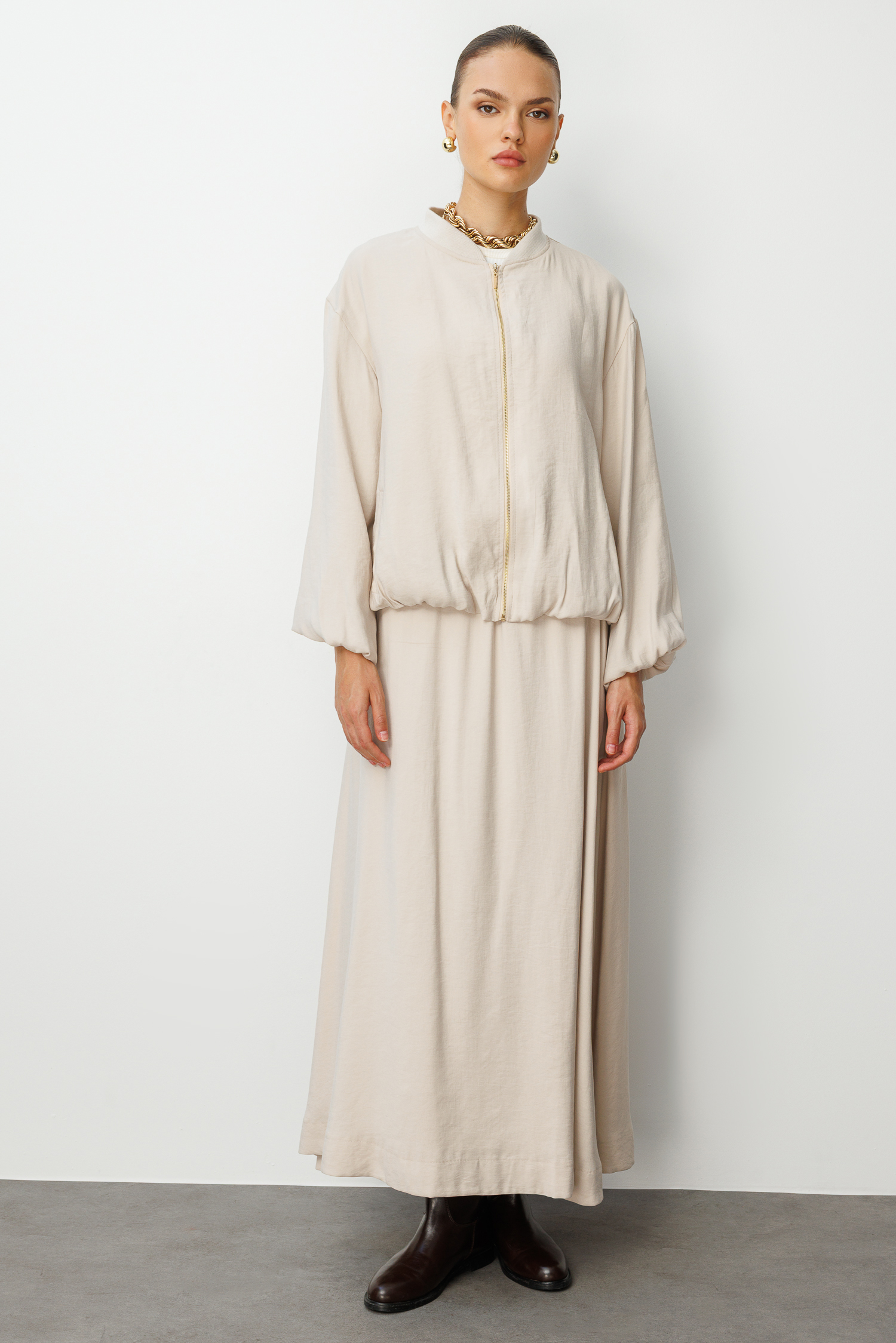 Mizalle Modal Karışımlı Taş Rengi Oversize Bomber Ceket Mizalle Modal Karışımlı Taş Rengi Oversize Bomber Ceket