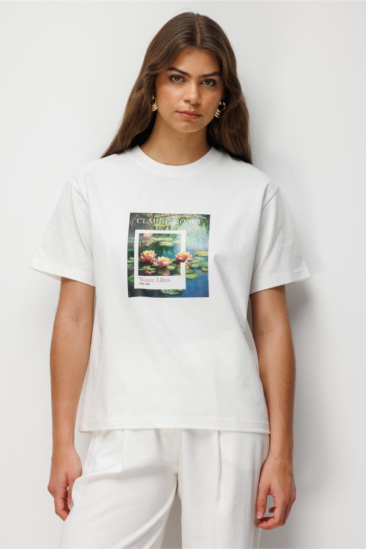 Mizalle Monet Water Lilies Baskılı Suprem Beyaz T-Shirt - Mizalle