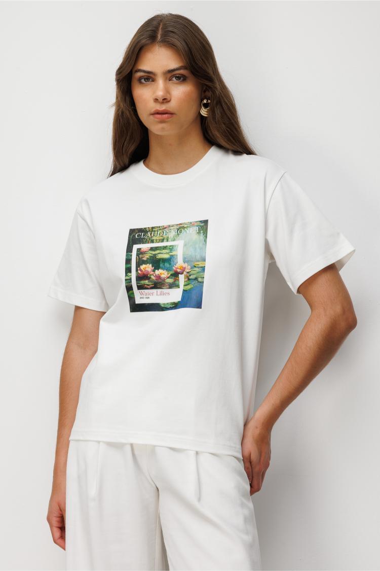 Mizalle Monet Water Lilies Baskılı Suprem Beyaz T-Shirt - Mizalle