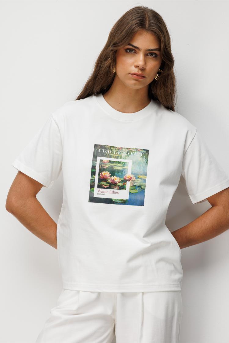Mizalle Monet Water Lilies Baskılı Suprem Beyaz T-Shirt - 3