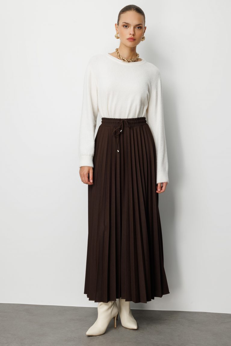 Mizalle Örme Krep Piliseli Maksi Kahverengi Etek - Mizalle