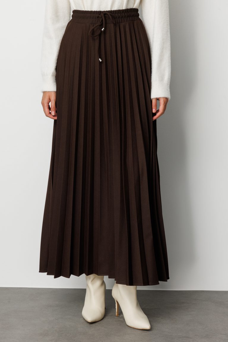 Mizalle Örme Krep Piliseli Maksi Kahverengi Etek - Mizalle