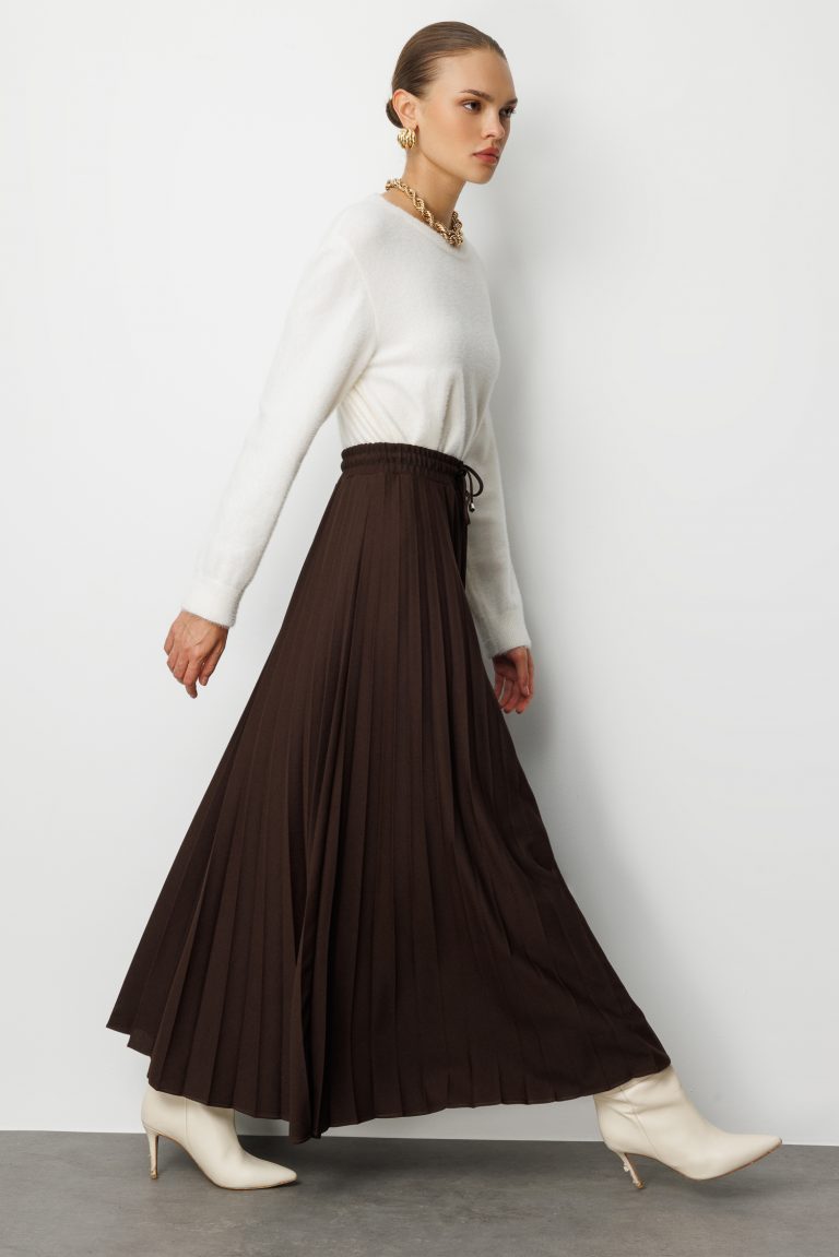 Mizalle Örme Krep Piliseli Maksi Kahverengi Etek - Mizalle