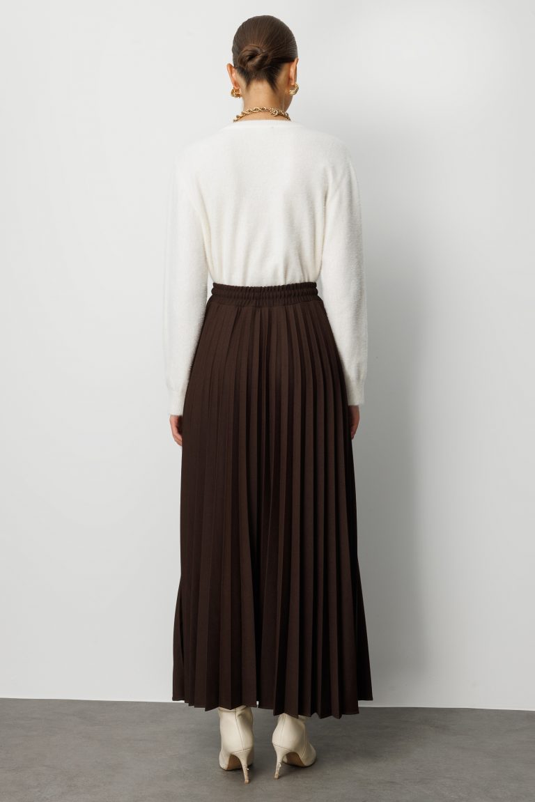 Mizalle Örme Krep Piliseli Maksi Kahverengi Etek - Mizalle