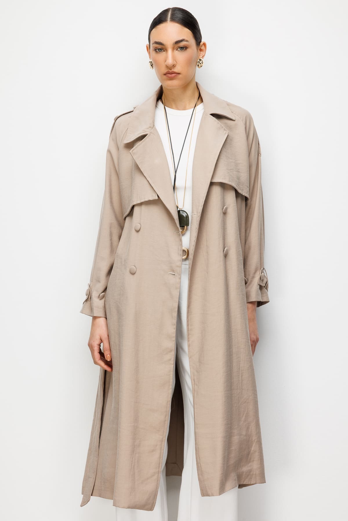 Mizalle Oversize Bej Rengi Tencel Trençkot - 2