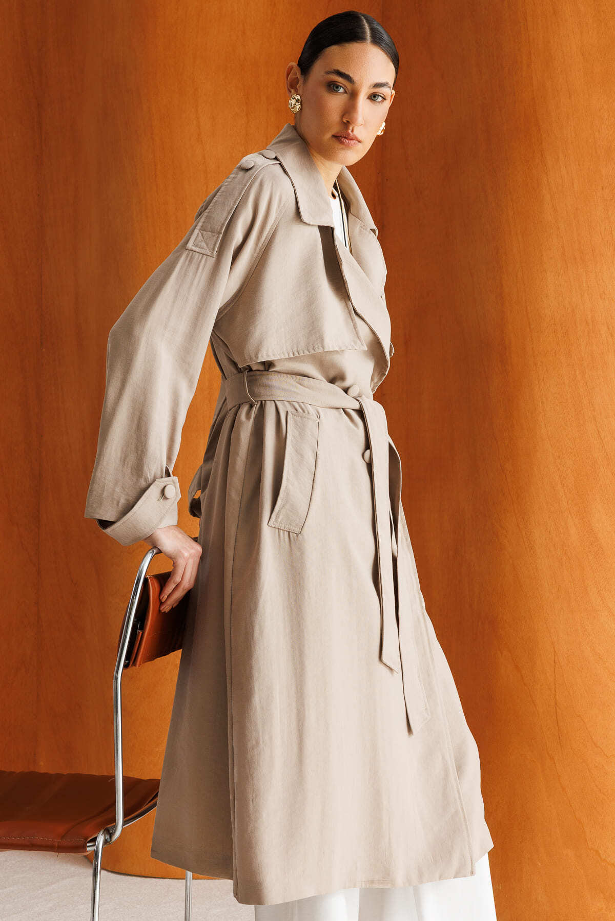 Mizalle Oversize Bej Rengi Tencel Trençkot - Mizalle