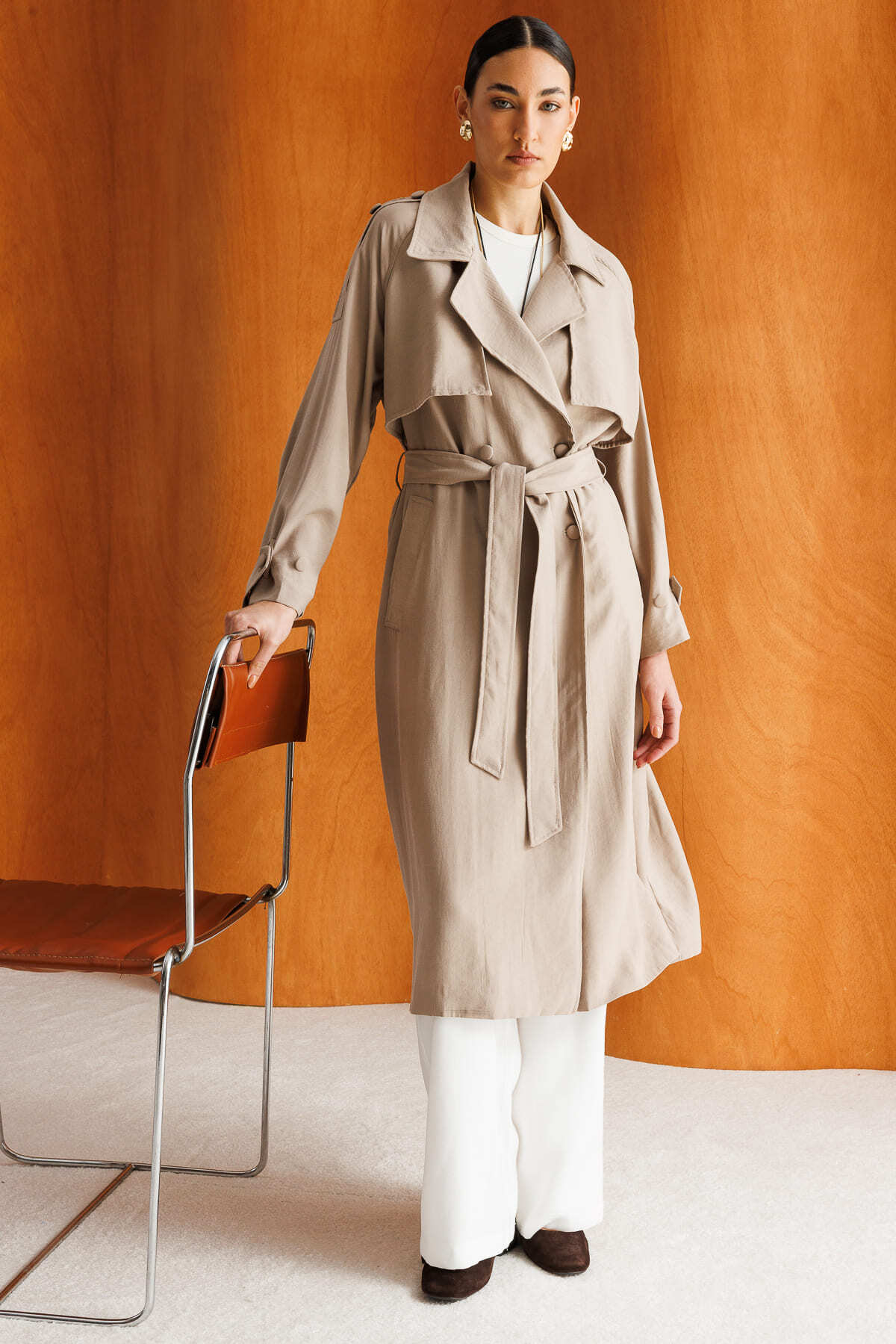 Mizalle Oversize Bej Rengi Tencel Trençkot - Mizalle