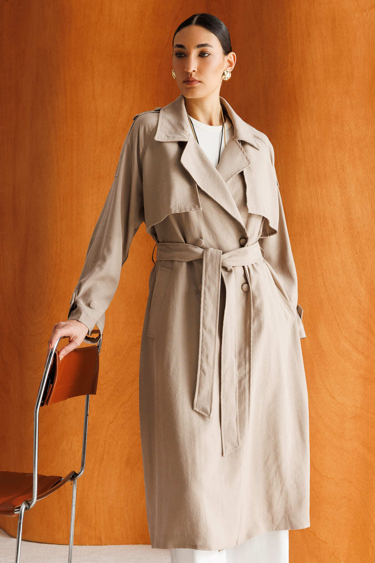 Mizalle Oversize Bej Rengi Tencel Trençkot - Mizalle