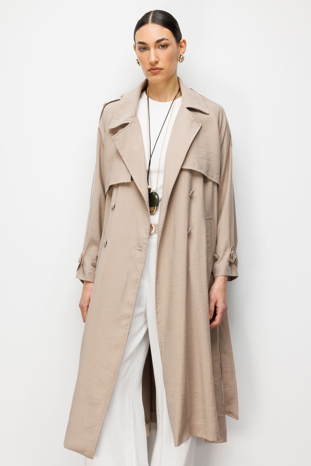 Mizalle Oversize Bej Rengi Tencel Trençkot - Mizalle