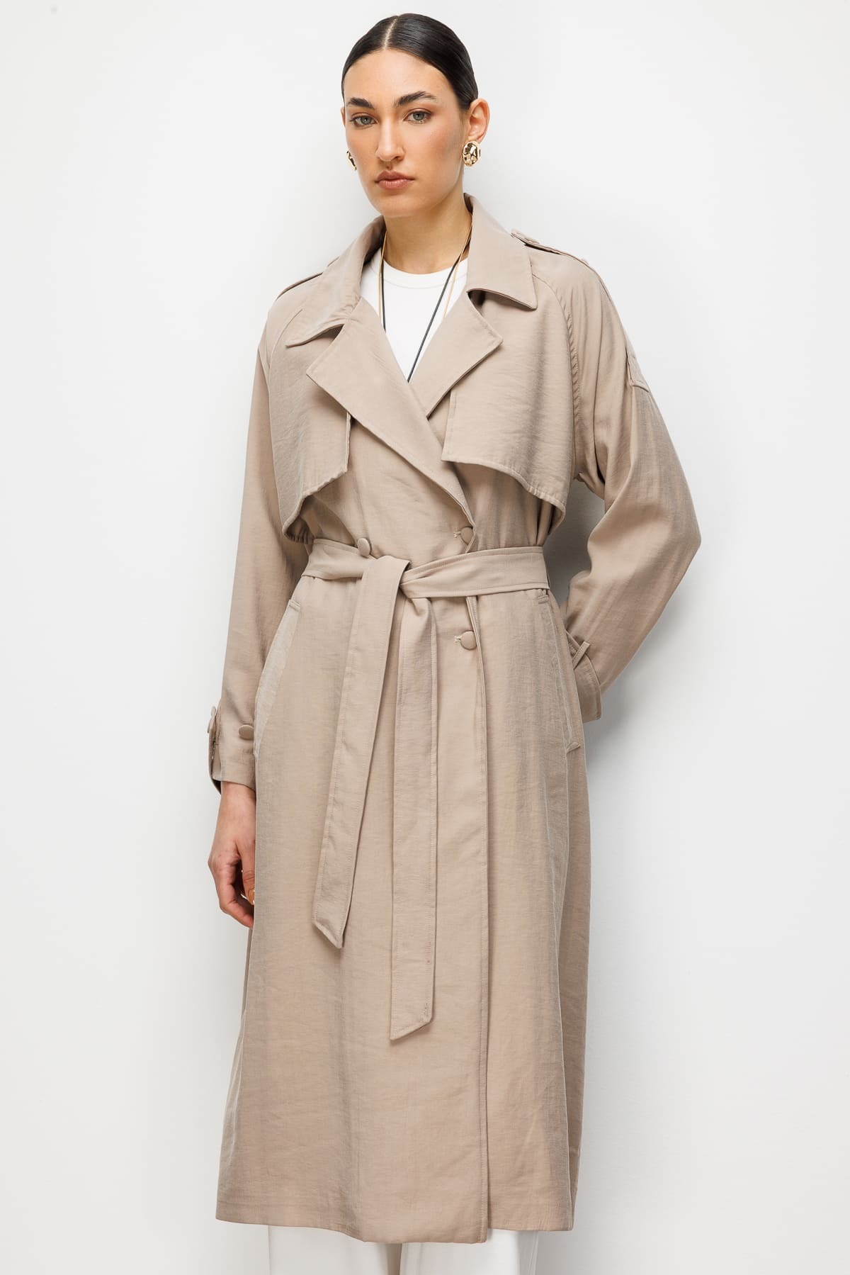 Mizalle Oversize Bej Rengi Tencel Trençkot - 6