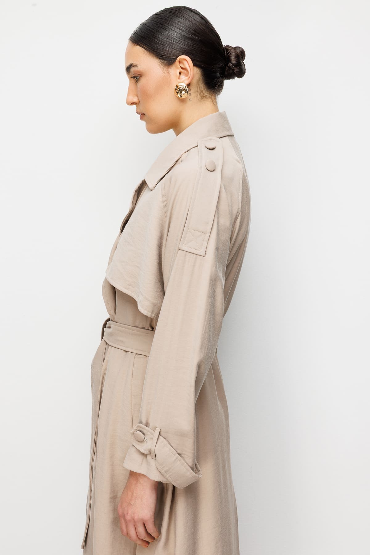 Mizalle Oversize Bej Rengi Tencel Trençkot - 7