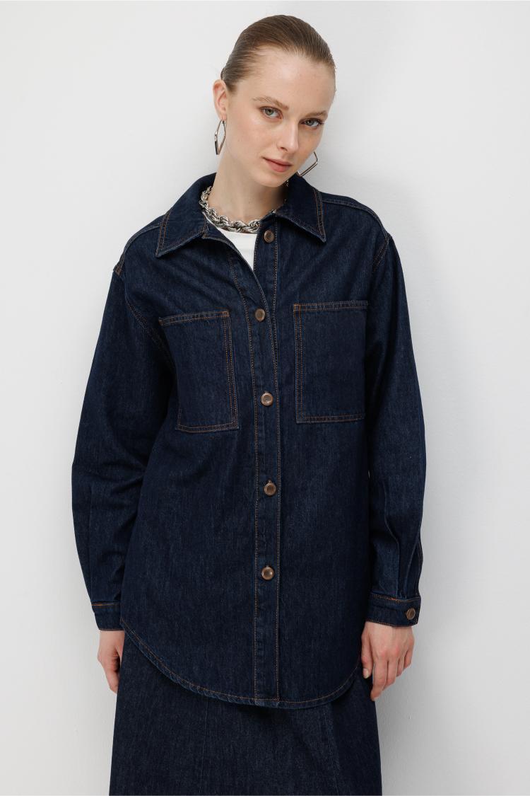 Mizalle Oversize Cepli Düğmeli Lacivert Denim Tunik - 1
