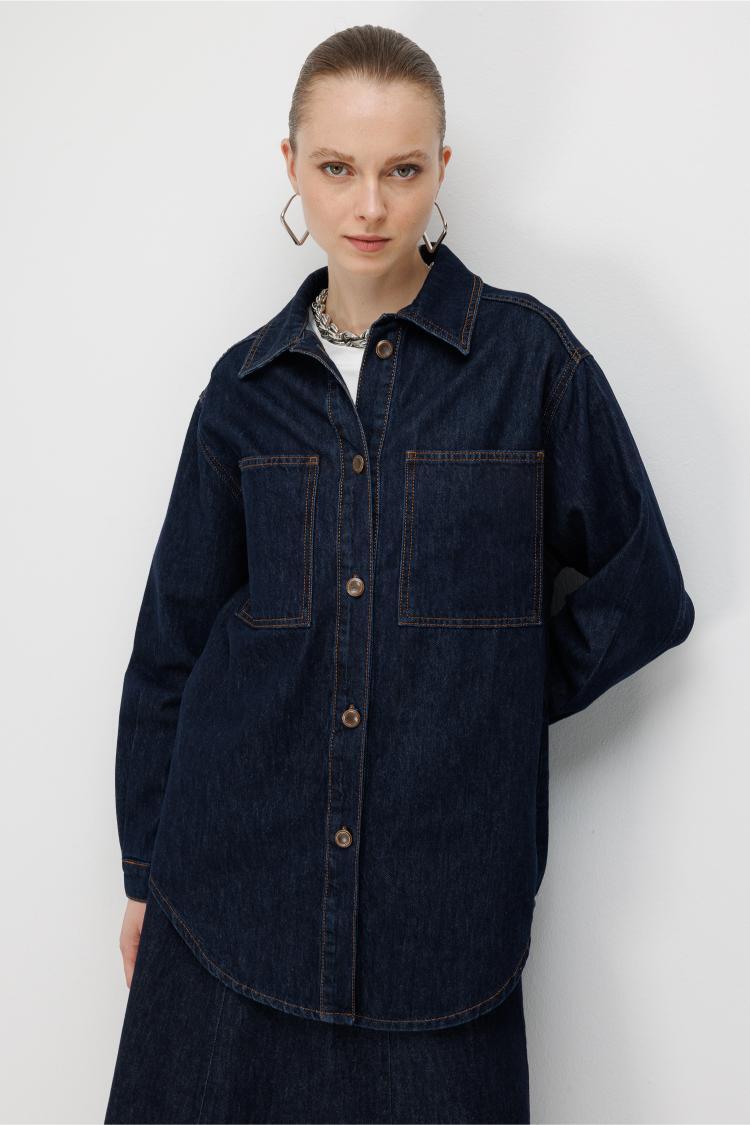 Mizalle Oversize Cepli Düğmeli Lacivert Denim Tunik - Mizalle