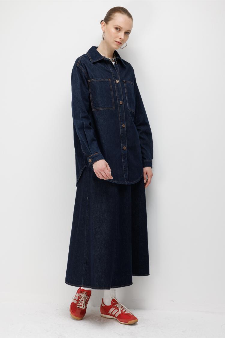 Mizalle Oversize Cepli Düğmeli Lacivert Denim Tunik - 3