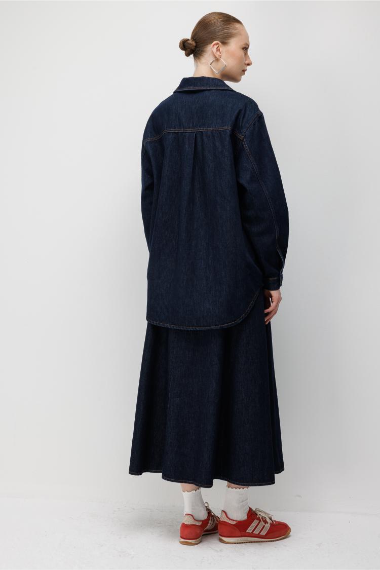 Mizalle Oversize Cepli Düğmeli Lacivert Denim Tunik - 4