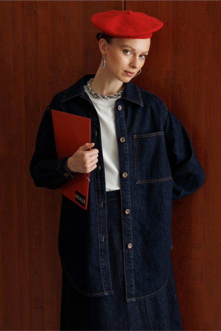Mizalle Oversize Cepli Düğmeli Lacivert Denim Tunik - Mizalle