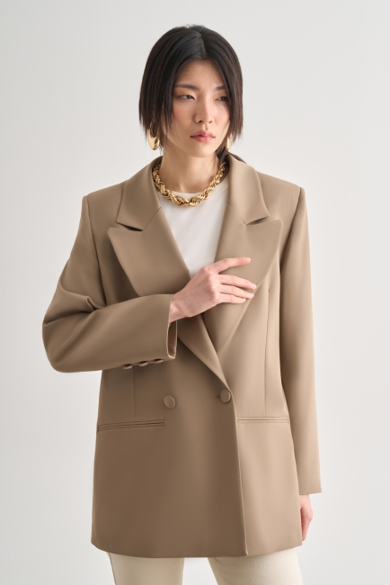 Mizalle - Mizalle Oversize Çift Yırtmaçlı Bej Blazer Ceket